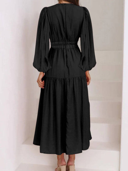 Deep V-Neck Balloon Sleeve Plain Maxi Dress - Siennasass