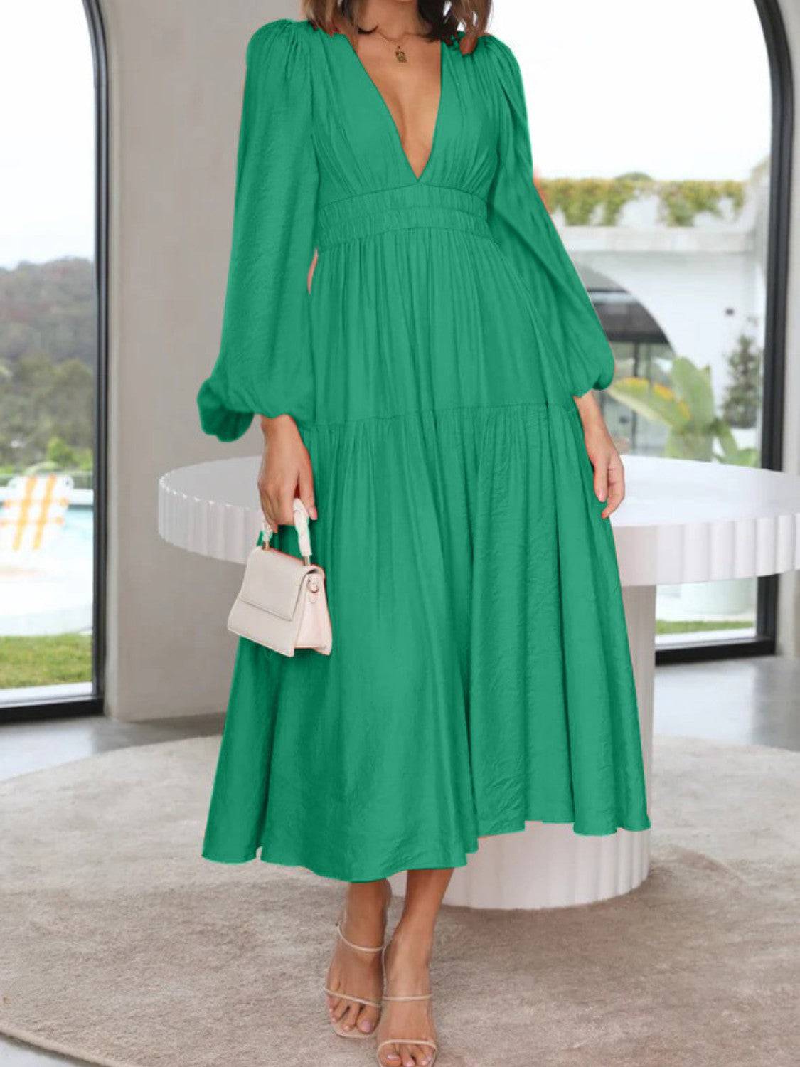 Deep V-Neck Balloon Sleeve Plain Maxi Dress - Siennasass