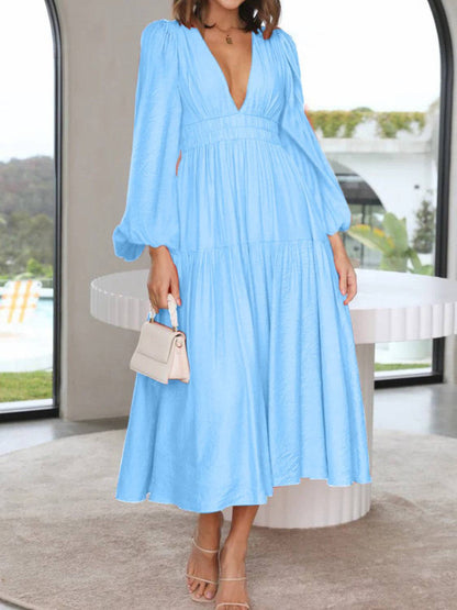 Deep V-Neck Balloon Sleeve Plain Maxi Dress - Siennasass