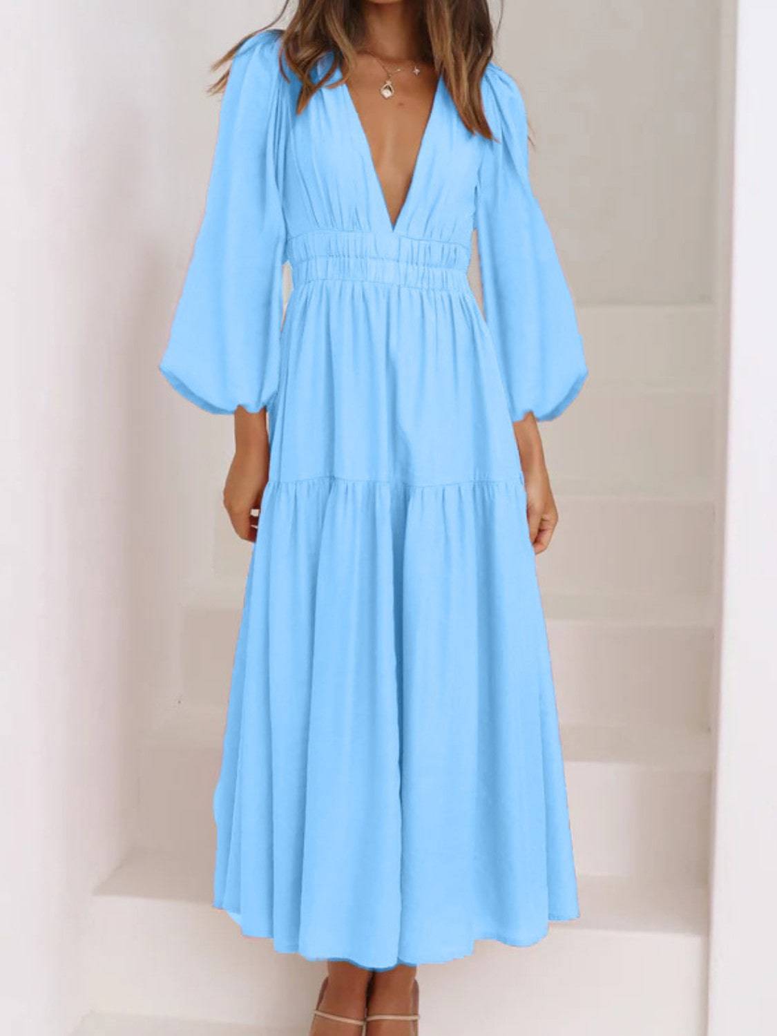 Deep V-Neck Balloon Sleeve Plain Maxi Dress - Siennasass