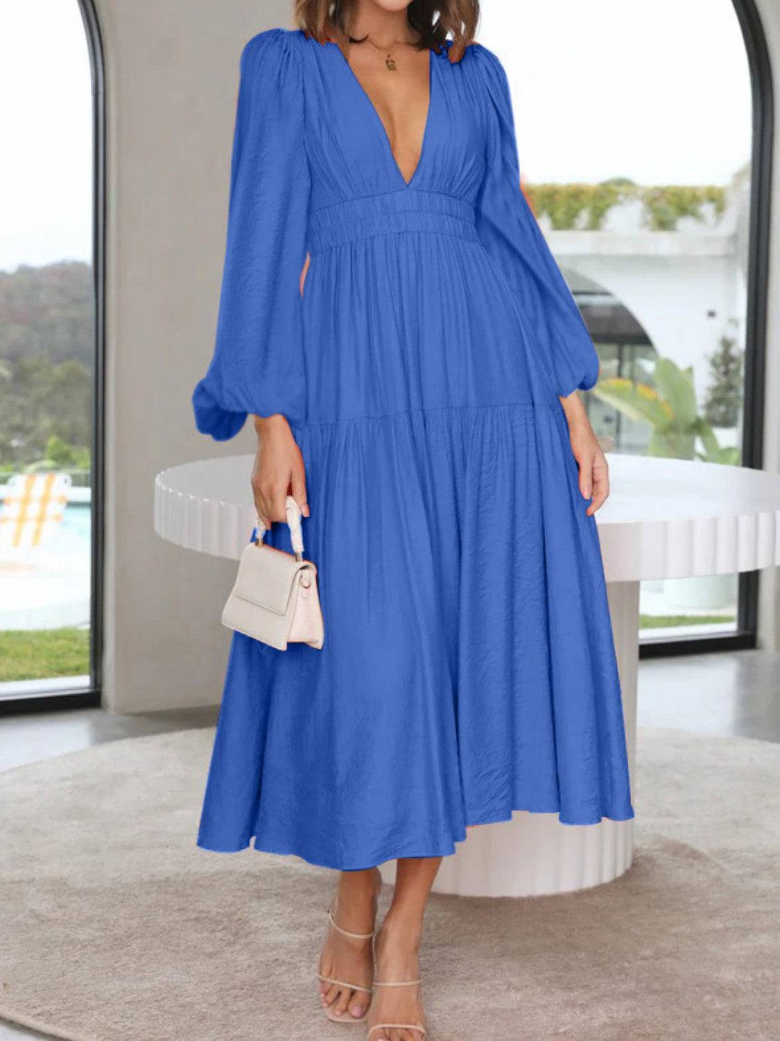 Deep V-Neck Balloon Sleeve Plain Maxi Dress - Siennasass