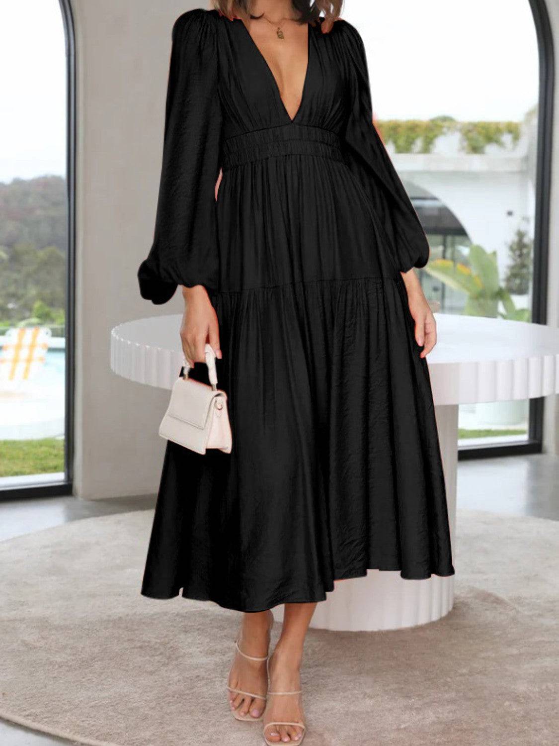 Deep V-Neck Balloon Sleeve Plain Maxi Dress - Siennasass