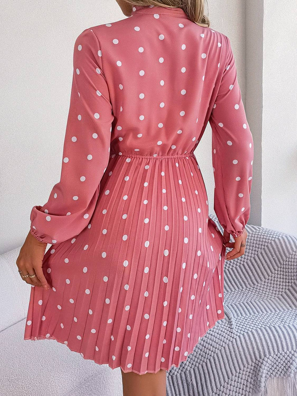 Polka Dot Tie Neck Pleated Dress - Siennasass