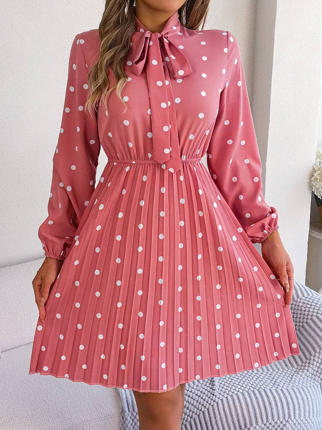 Polka Dot Tie Neck Pleated Dress - Siennasass