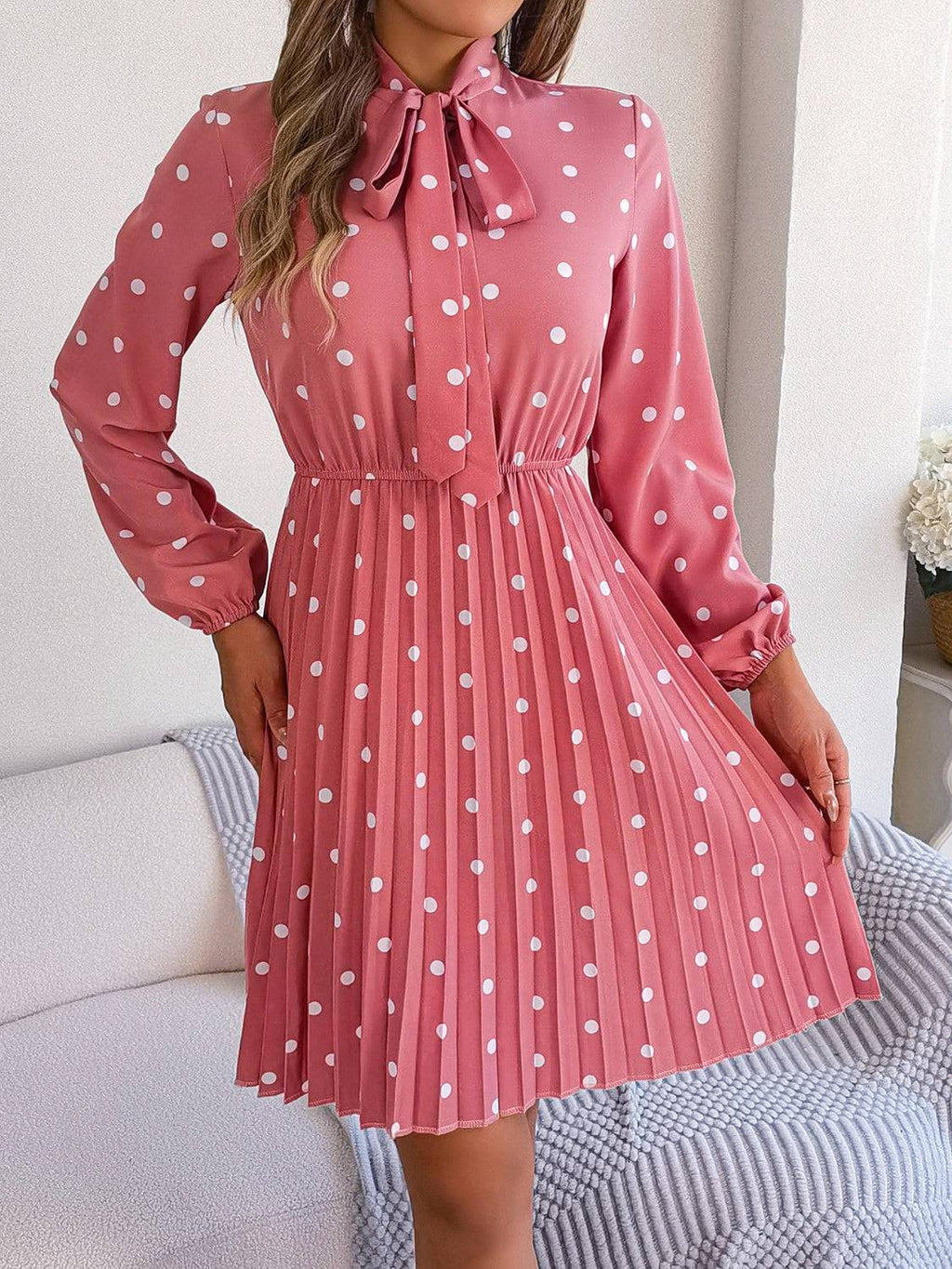 Polka Dot Tie Neck Pleated Dress - Siennasass