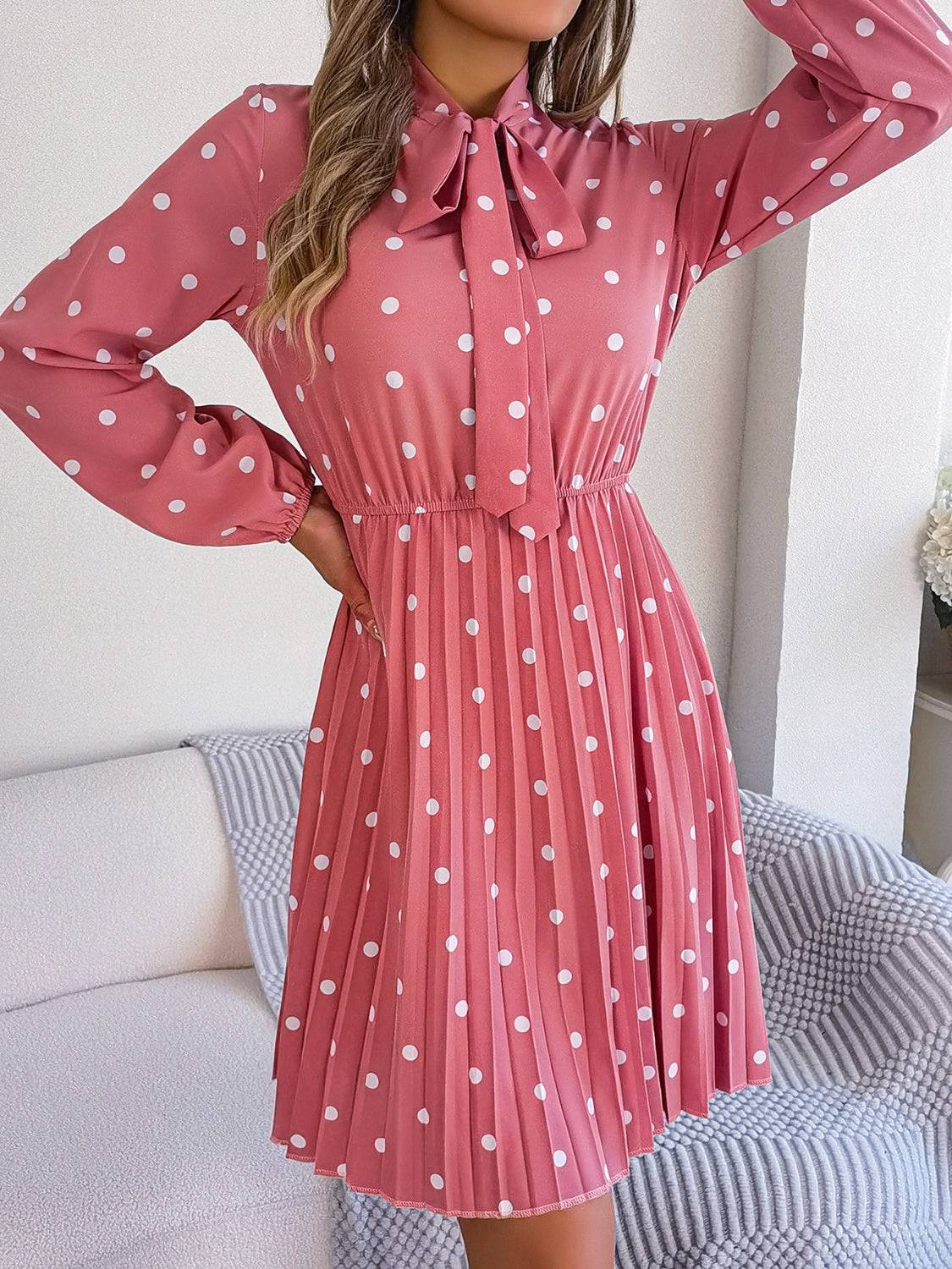 Polka Dot Tie Neck Pleated Dress - Siennasass