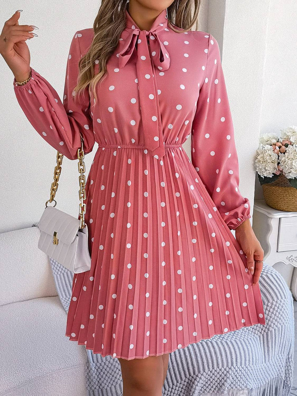 Polka Dot Tie Neck Pleated Dress - Siennasass