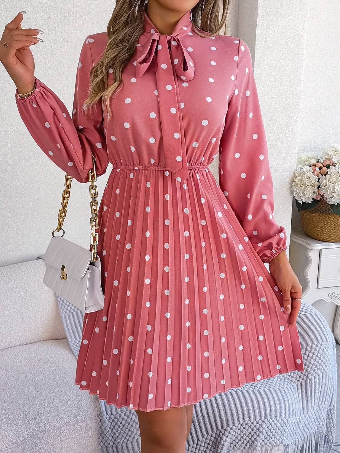 Polka Dot Tie Neck Pleated Dress - Siennasass