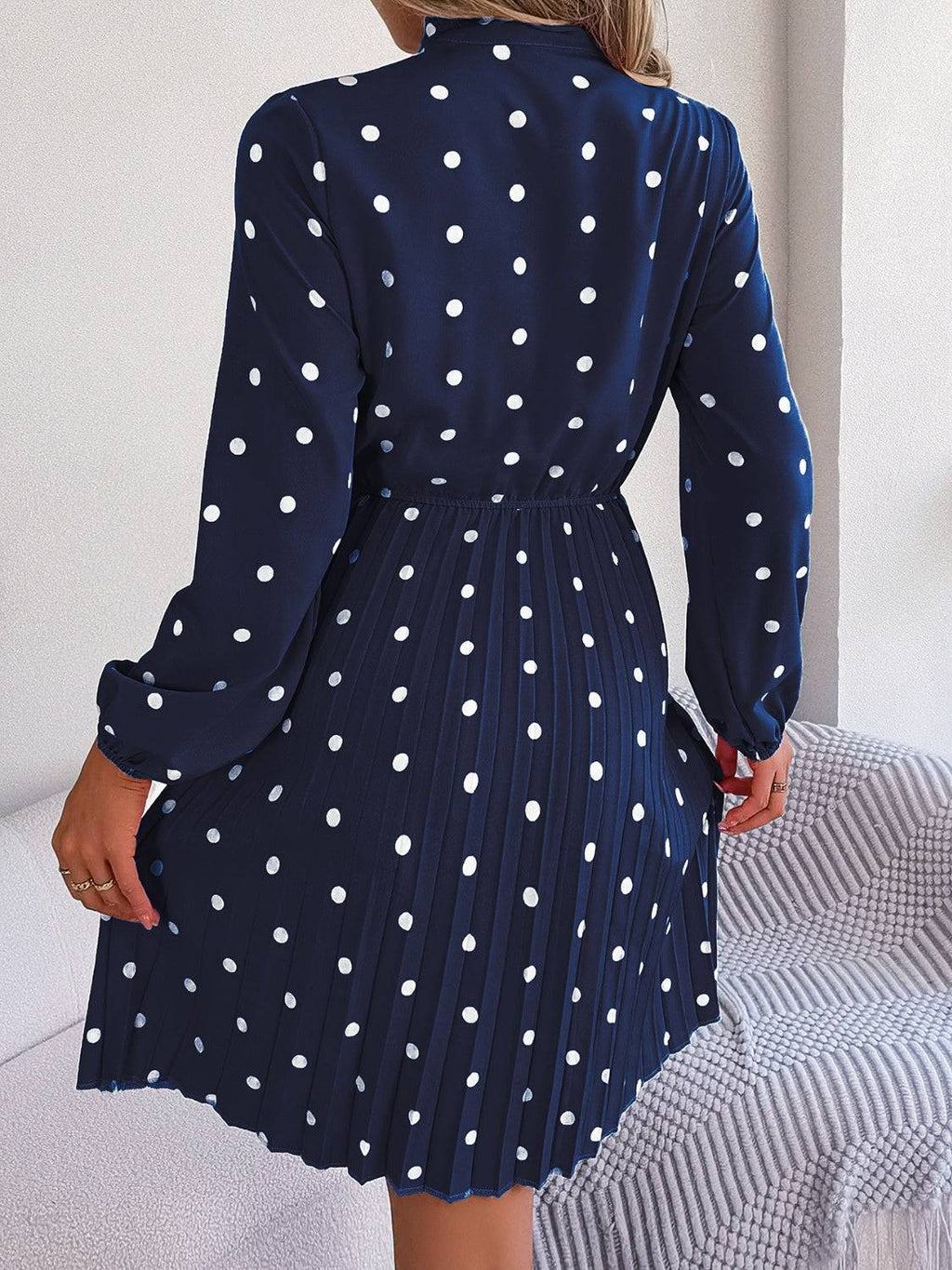 Polka Dot Tie Neck Pleated Dress - Siennasass