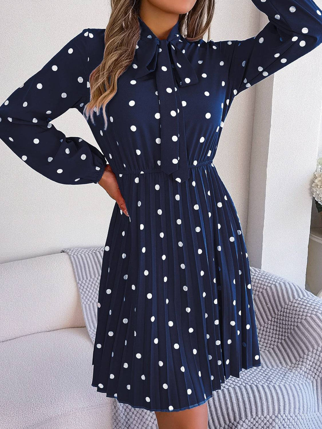 Polka Dot Tie Neck Pleated Dress - Siennasass