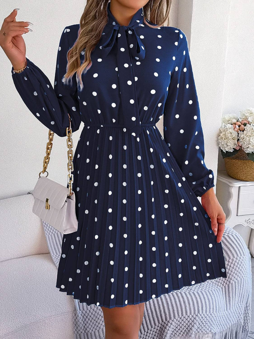 Polka Dot Tie Neck Pleated Dress - Siennasass