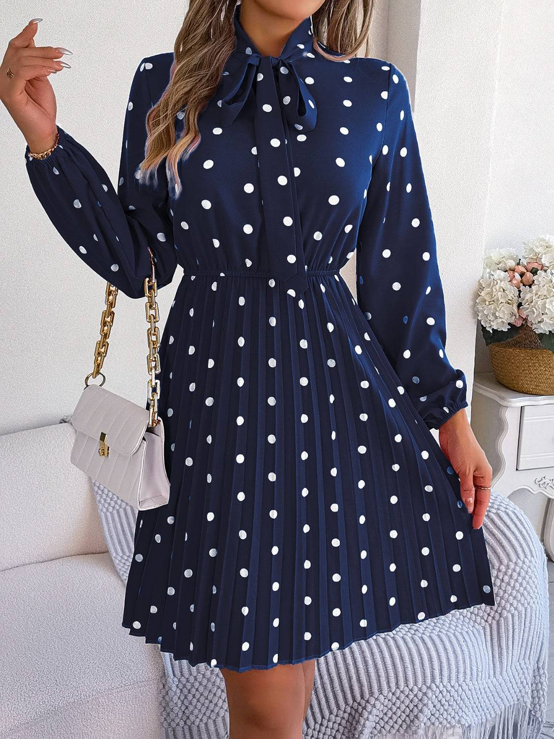 Polka Dot Tie Neck Pleated Dress - Siennasass