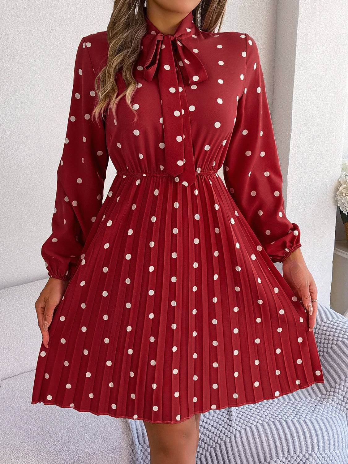 Polka Dot Tie Neck Pleated Dress - Siennasass