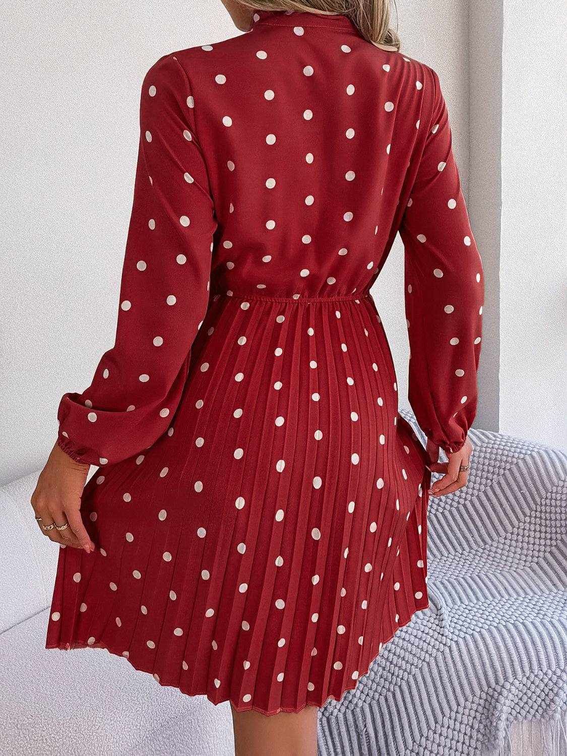 Polka Dot Tie Neck Pleated Dress - Siennasass