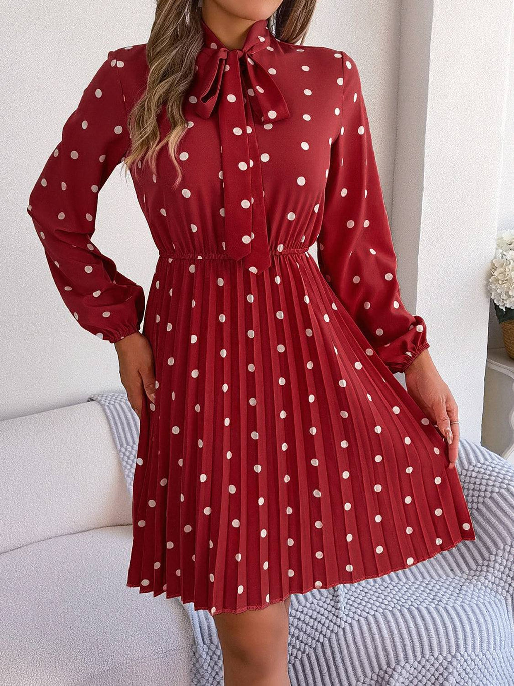 Polka Dot Tie Neck Pleated Dress - Siennasass