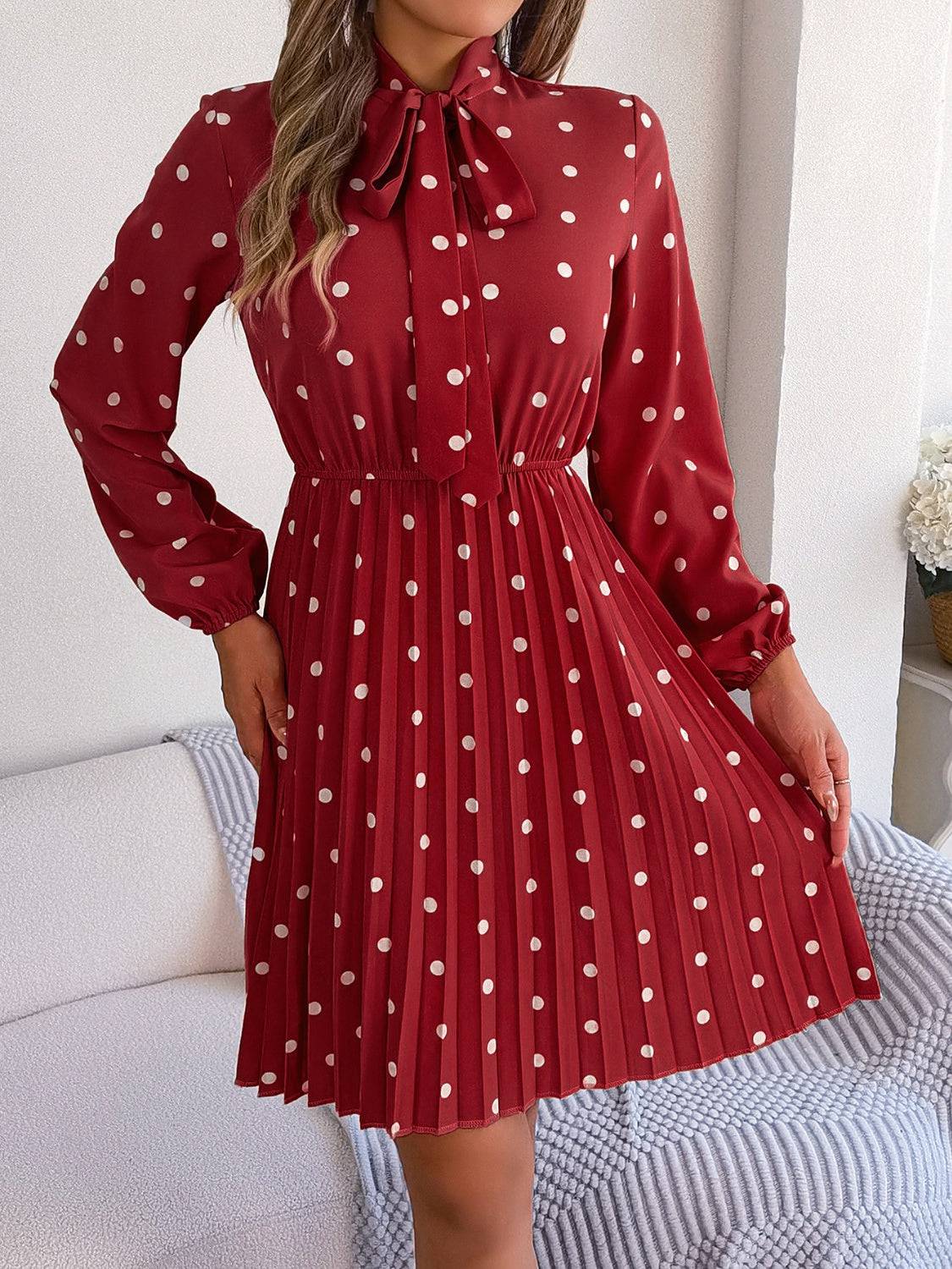 Polka Dot Tie Neck Pleated Dress - Siennasass
