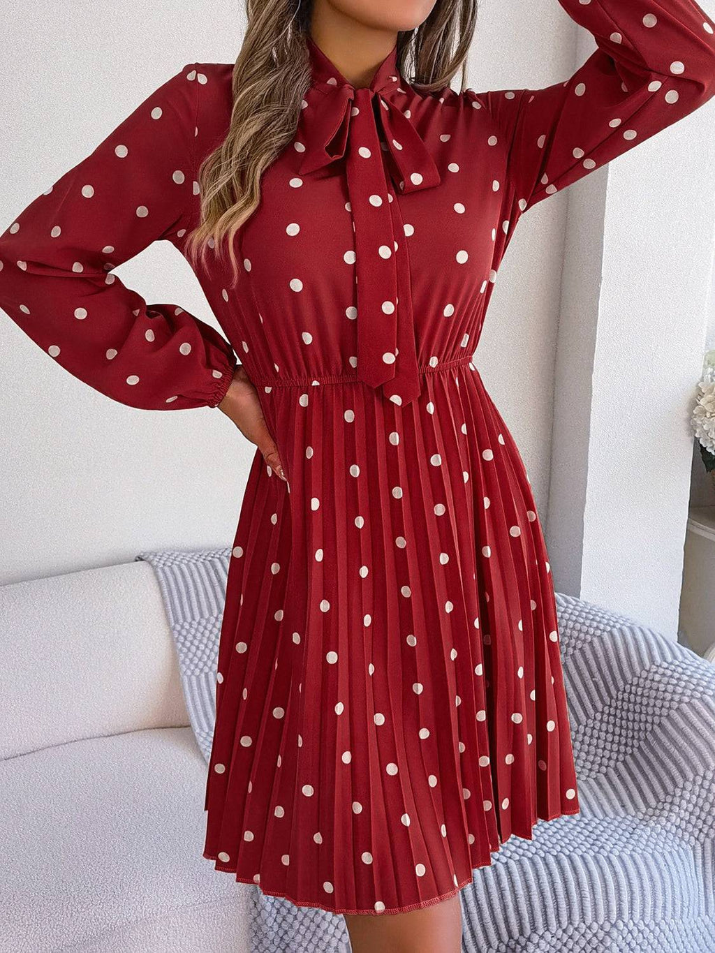 Polka Dot Tie Neck Pleated Dress - Siennasass