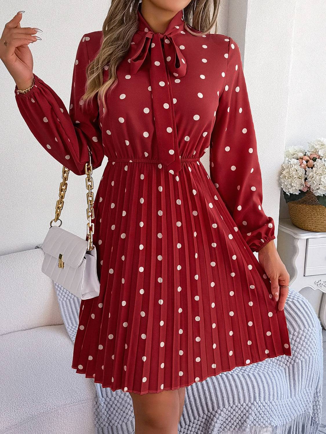 Polka Dot Tie Neck Pleated Dress - Siennasass