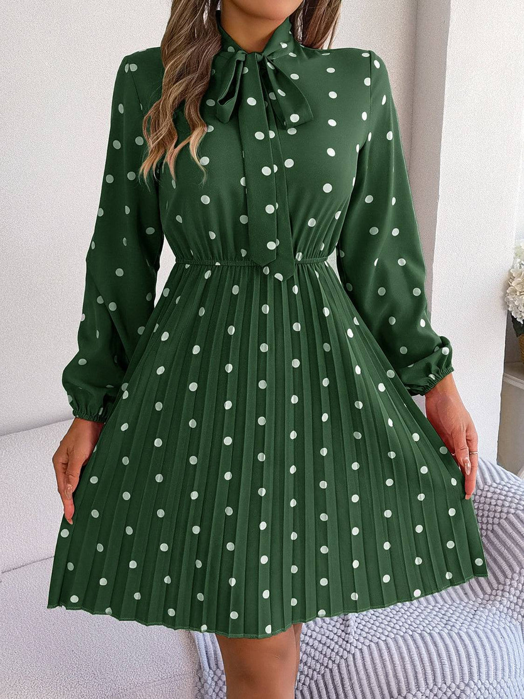 Polka Dot Tie Neck Pleated Dress - Siennasass