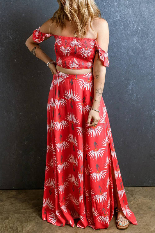 Smocked Off-Shoulder Top and Slit Skirt Set - Siennasass