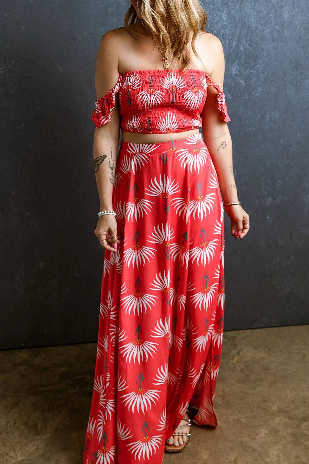 Smocked Off-Shoulder Top and Slit Skirt Set - Siennasass