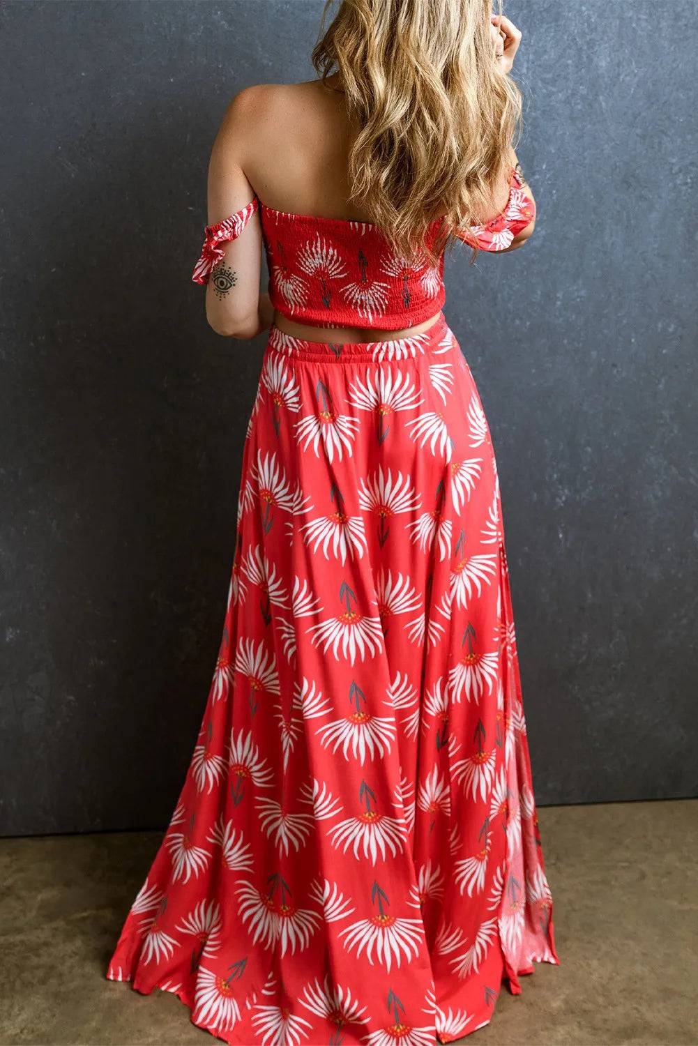 Smocked Off-Shoulder Top and Slit Skirt Set - Siennasass