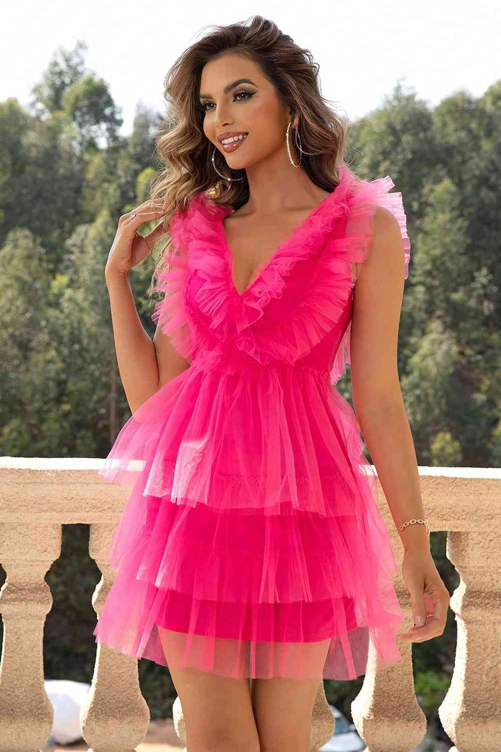 Ruffled V-Neck Sleeveless Mesh Dress - Siennasass
