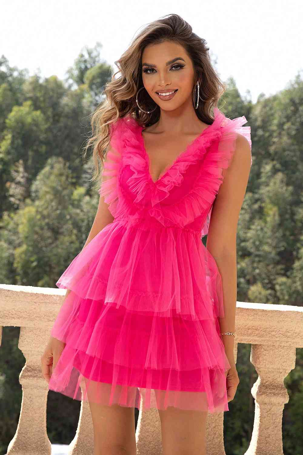 Ruffled V-Neck Sleeveless Mesh Dress - Siennasass