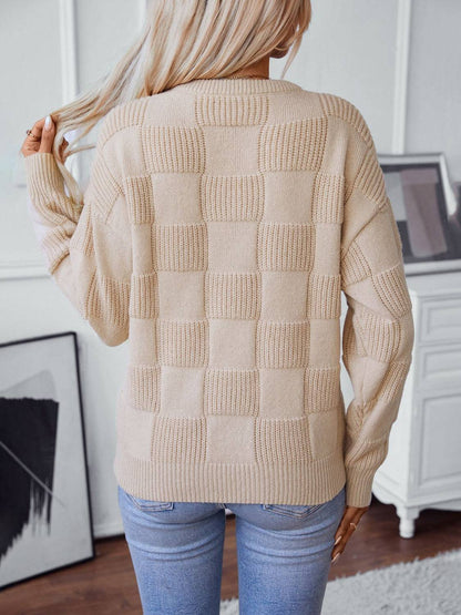 Karierter Rundhals-Langarmpullover