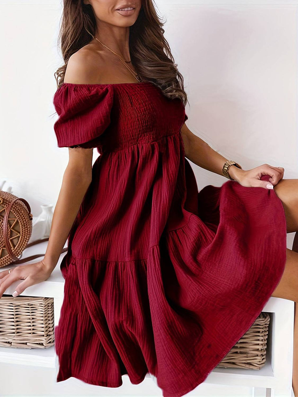 Full Size Ruffled Off-Shoulder Short Sleeve Dress - Siennasass