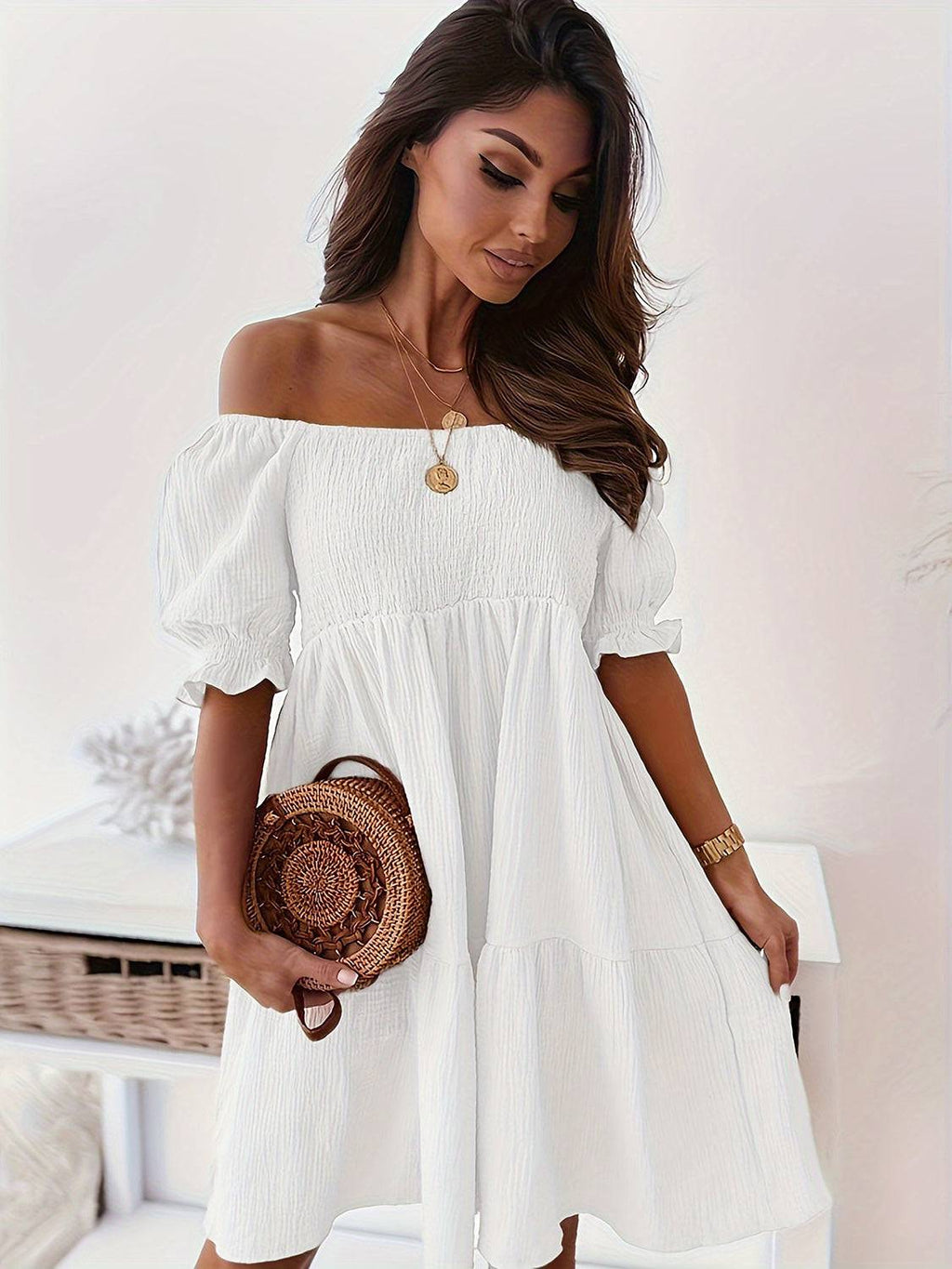 Full Size Ruffled Off-Shoulder Short Sleeve Dress - Siennasass