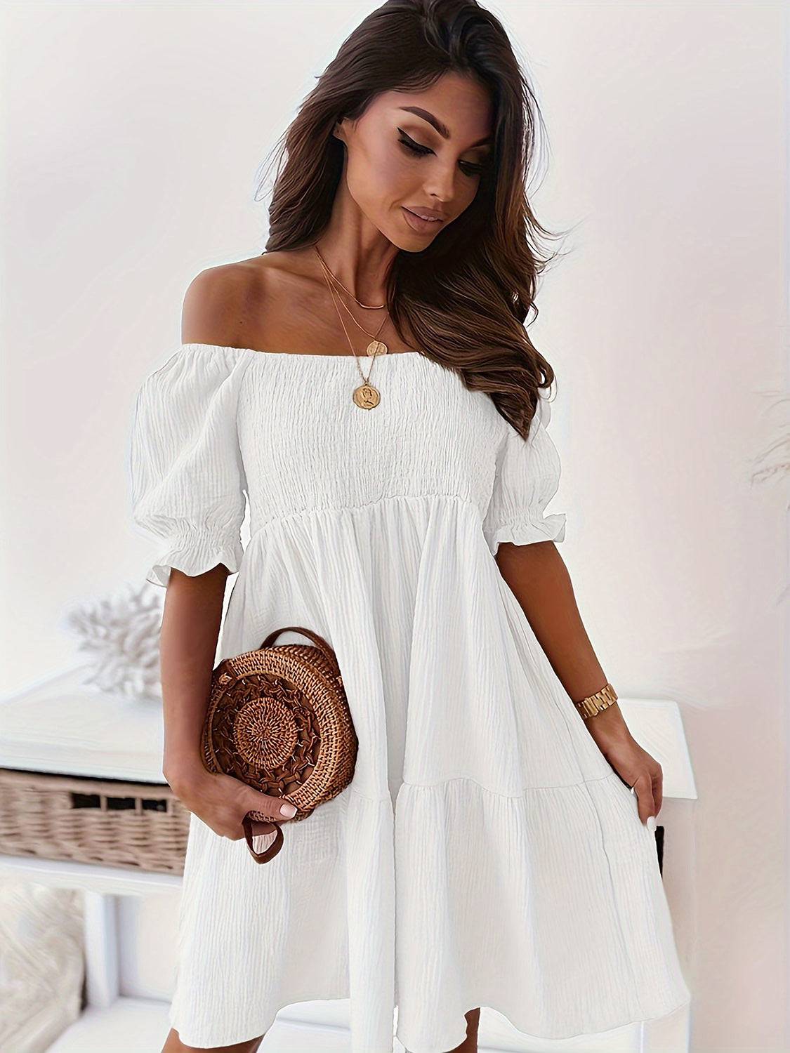 Full Size Ruffled Off-Shoulder Short Sleeve Dress - Siennasass