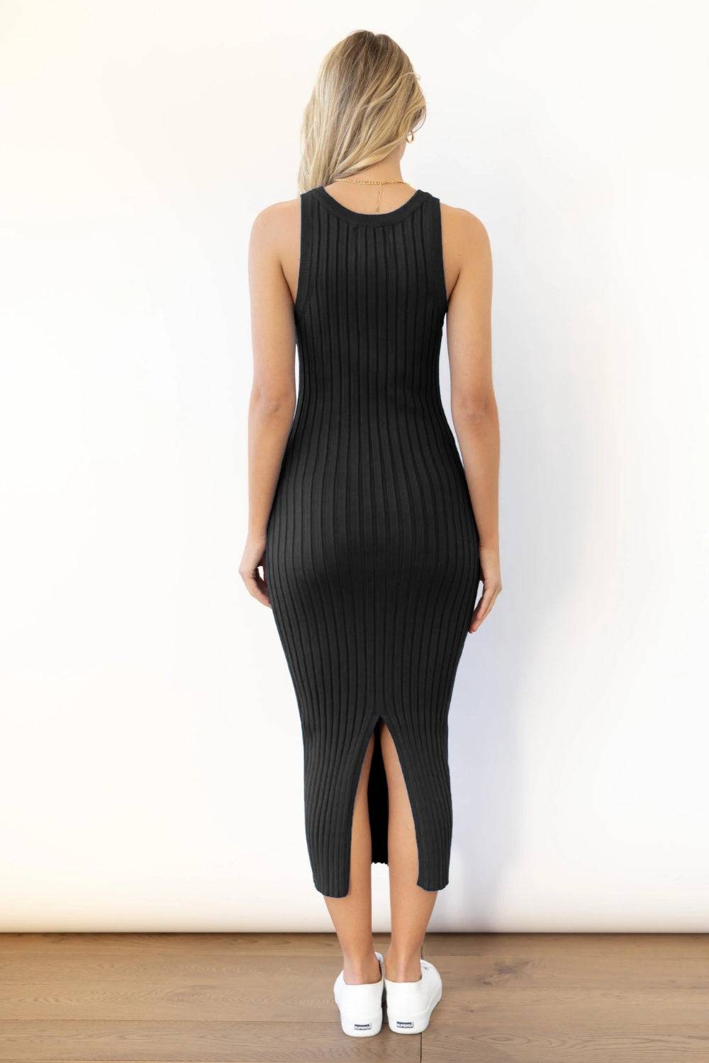 Slit Ribbed Round Neck Sleeveless Dress - Siennasass