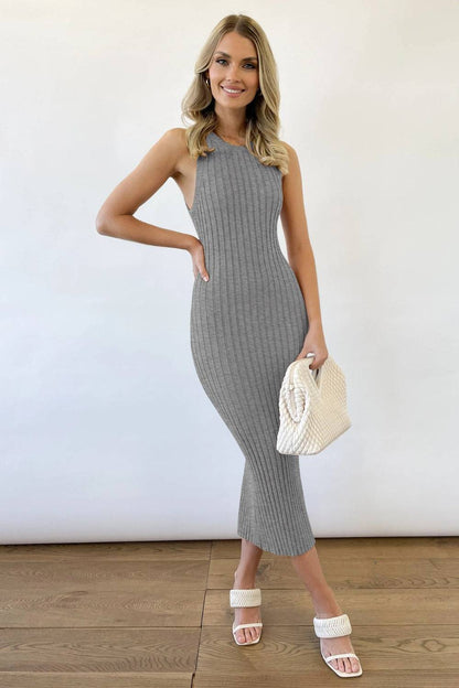 Slit Ribbed Round Neck Sleeveless Dress - Siennasass