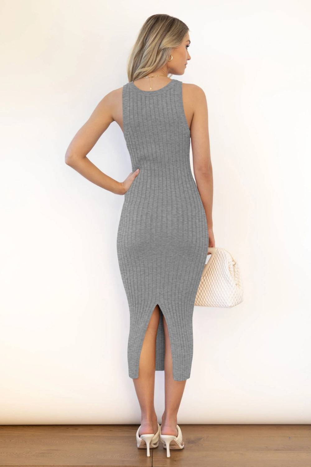 Slit Ribbed Round Neck Sleeveless Dress - Siennasass
