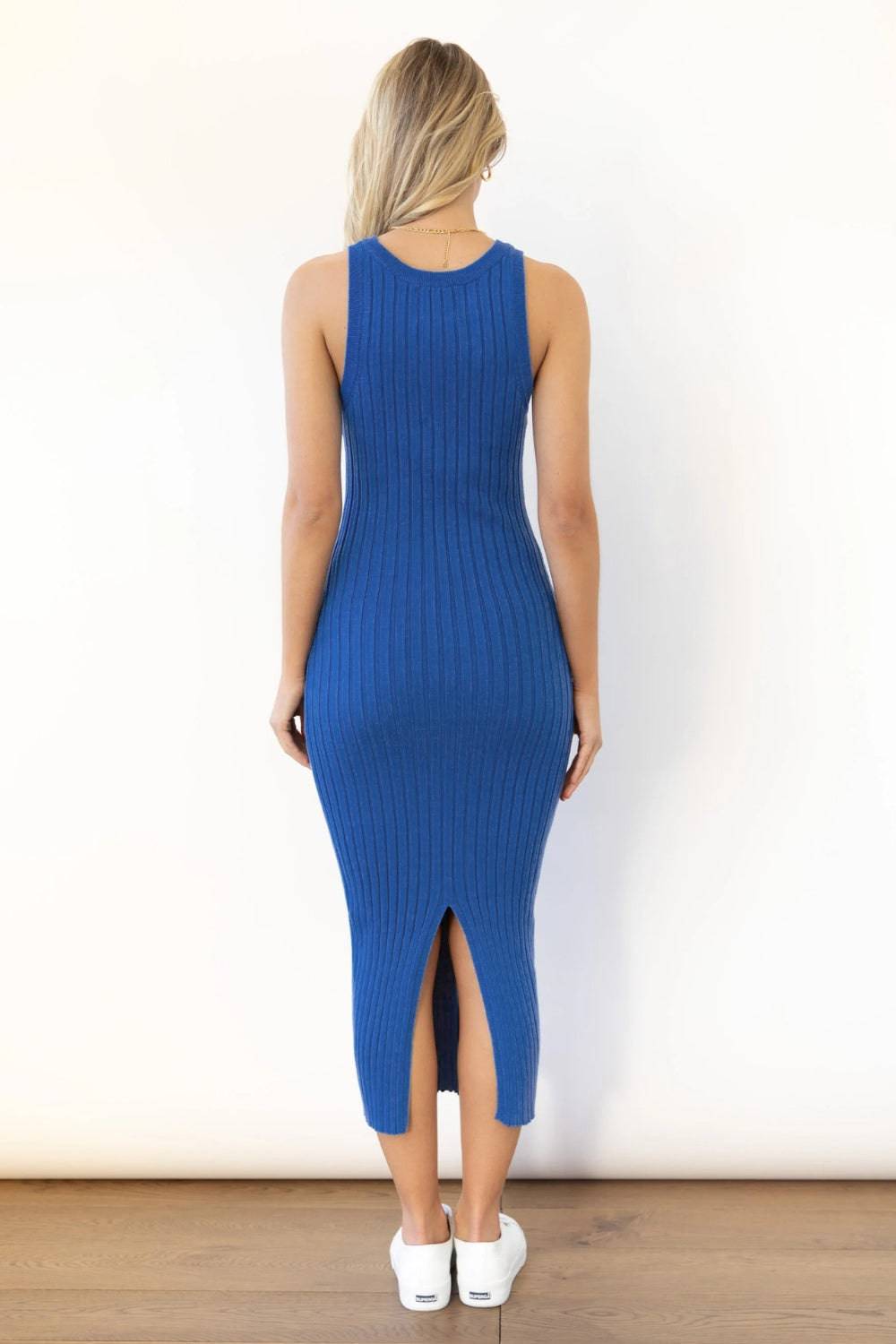 Slit Ribbed Round Neck Sleeveless Dress - Siennasass