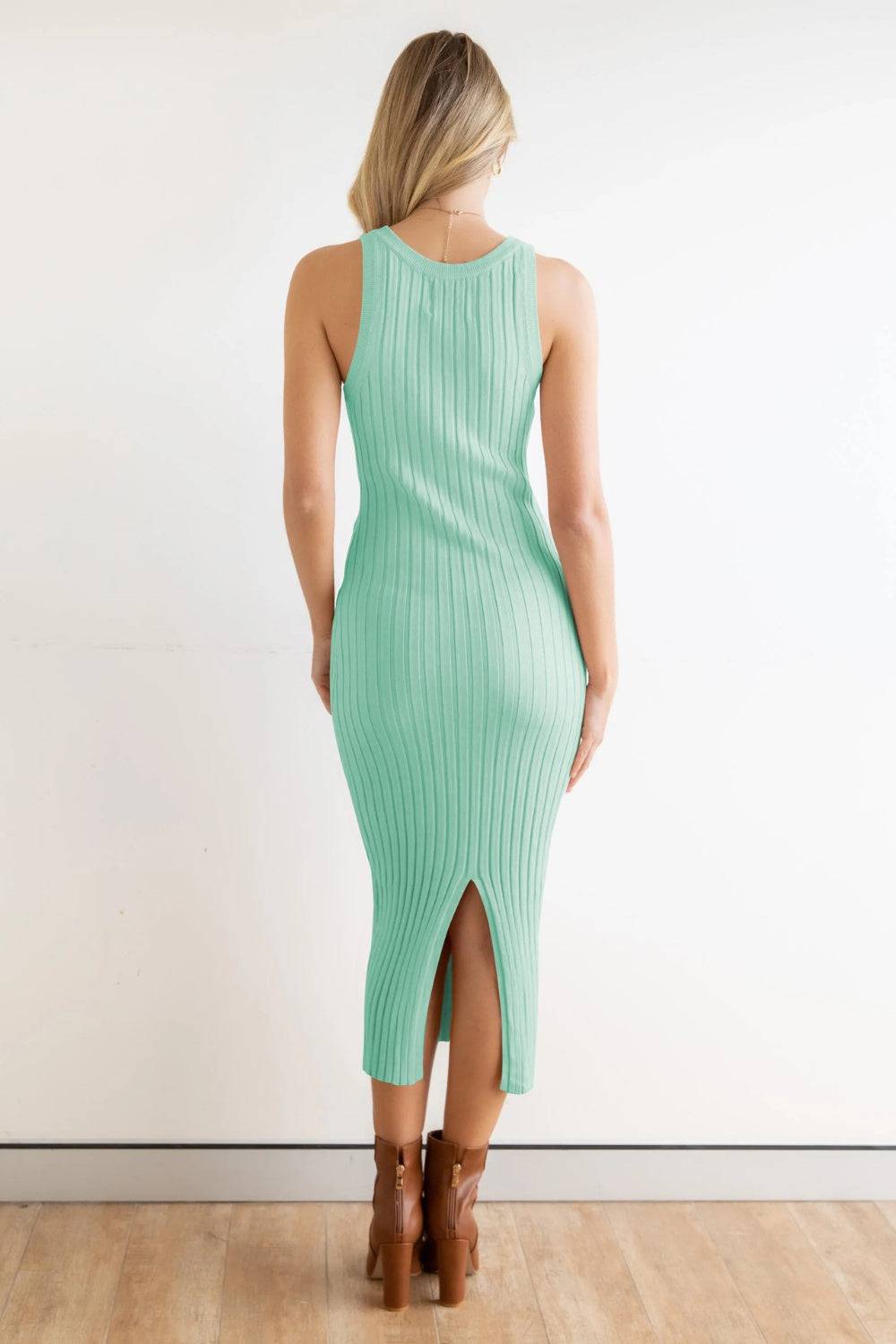 Slit Ribbed Round Neck Sleeveless Dress - Siennasass