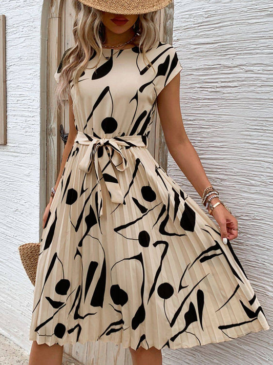 Tied Pleated Printed Cap Sleeve Dress - Siennasass