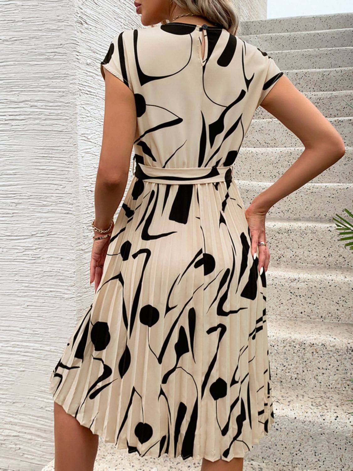 Tied Pleated Printed Cap Sleeve Dress - Siennasass