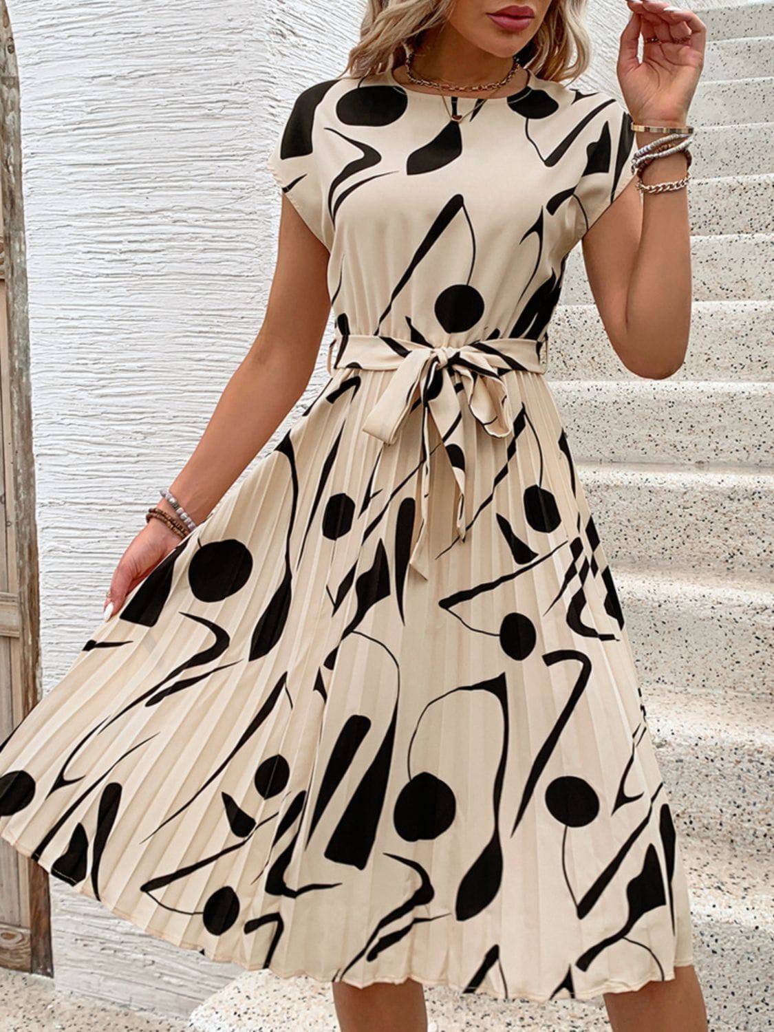 Tied Pleated Printed Cap Sleeve Dress - Siennasass