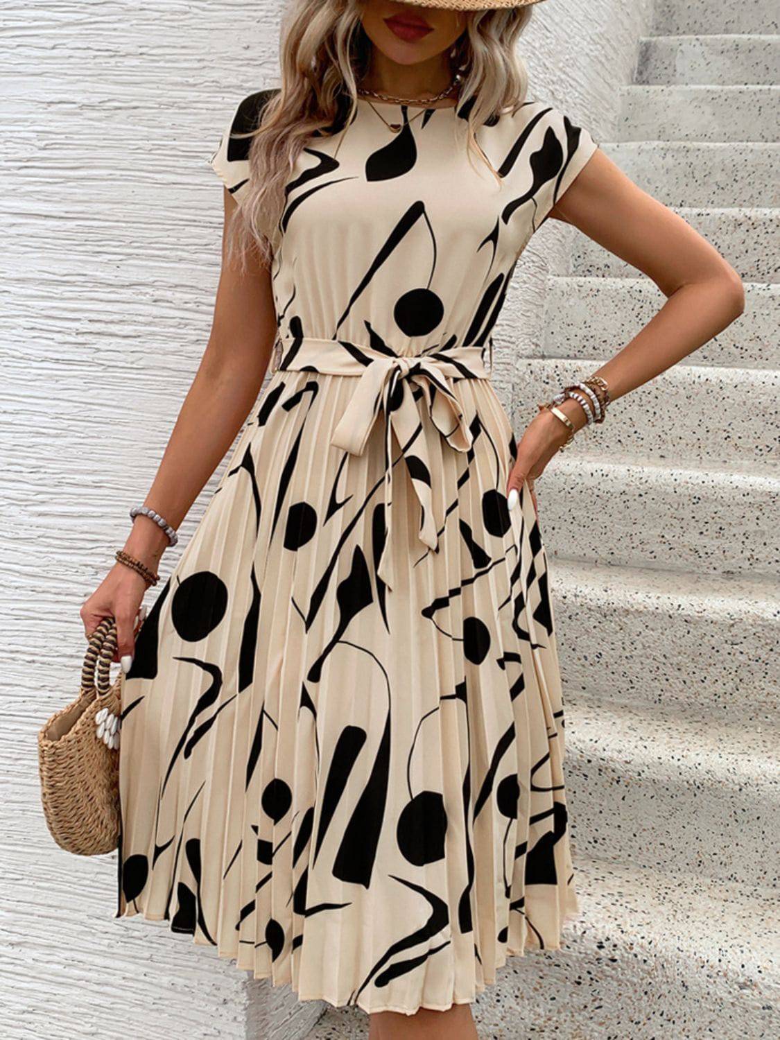 Tied Pleated Printed Cap Sleeve Dress - Siennasass