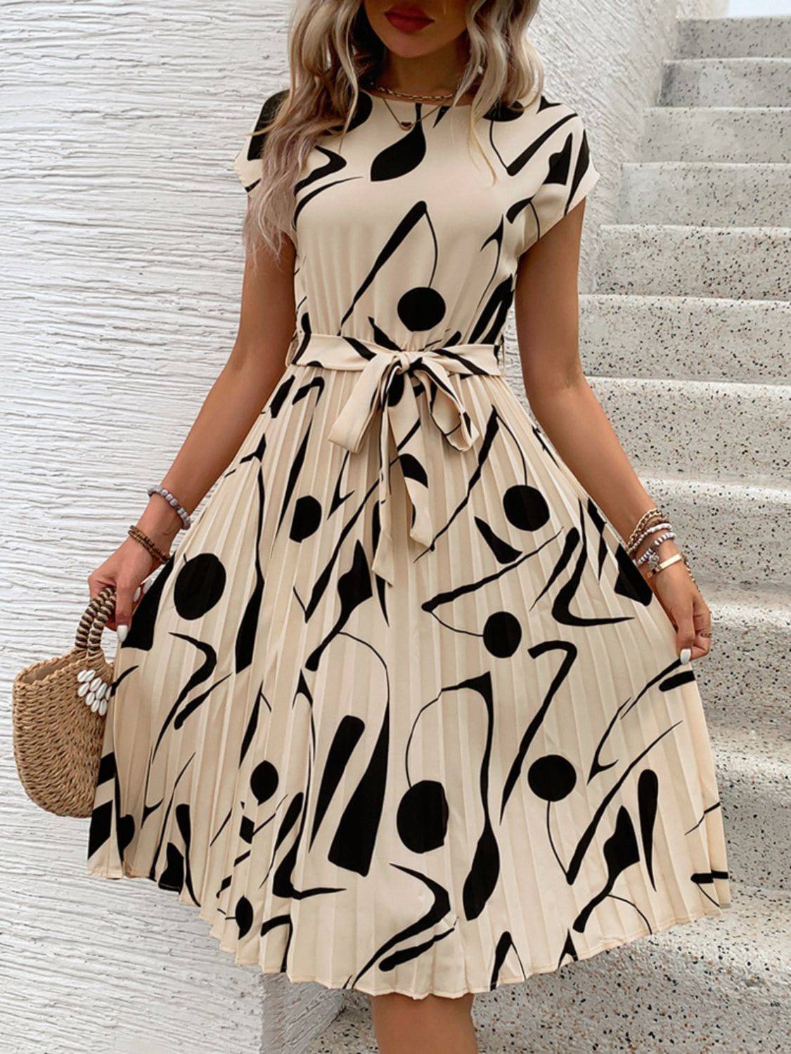 Tied Pleated Printed Cap Sleeve Dress - Siennasass