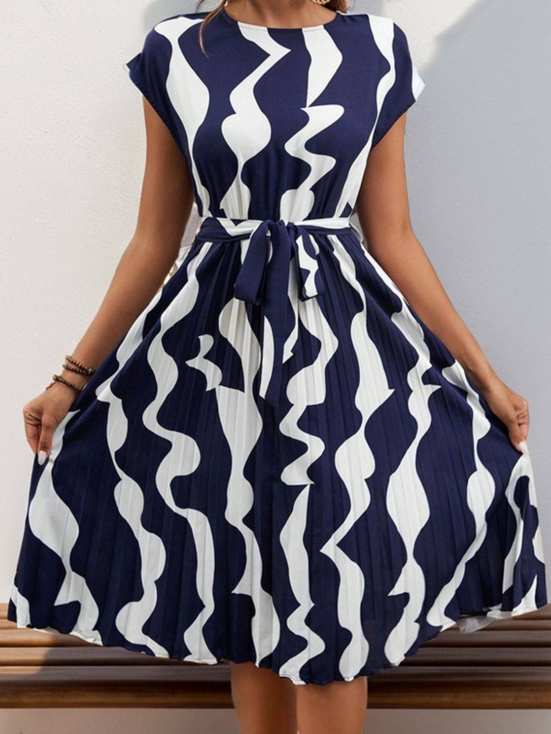 Tied Pleated Printed Cap Sleeve Dress - Siennasass