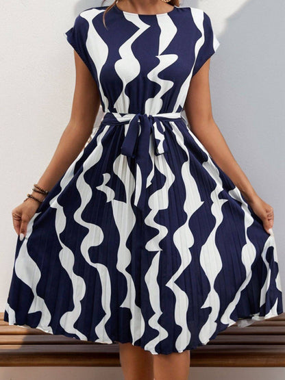 Tied Pleated Printed Cap Sleeve Dress - Siennasass