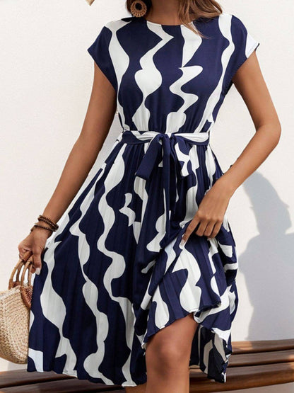 Tied Pleated Printed Cap Sleeve Dress - Siennasass