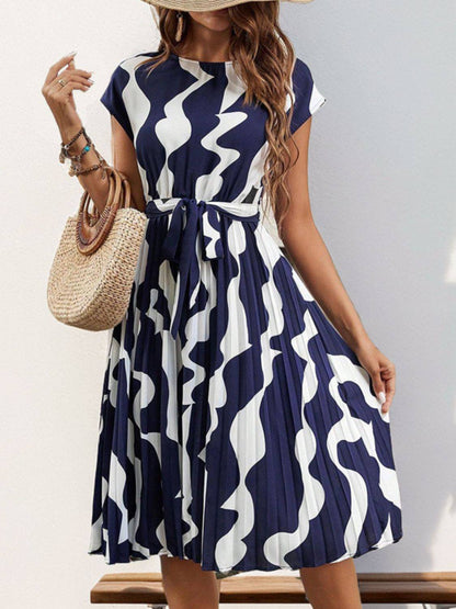 Tied Pleated Printed Cap Sleeve Dress - Siennasass