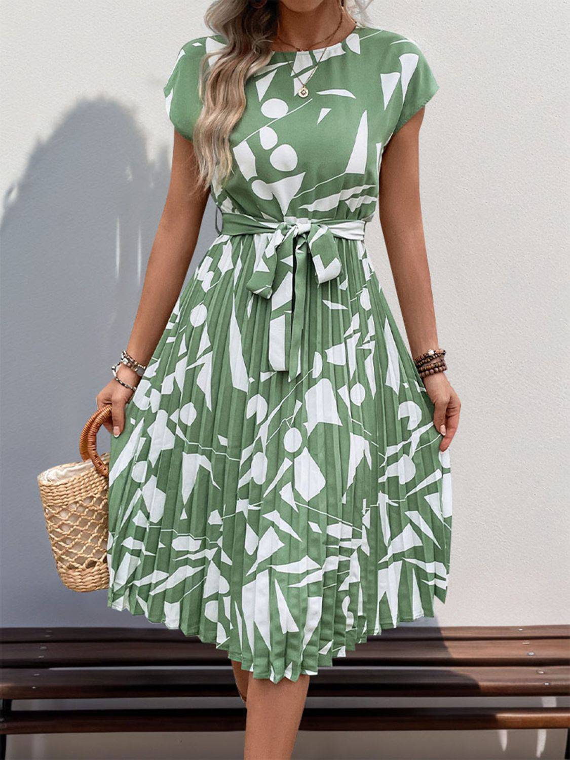Tied Pleated Printed Cap Sleeve Dress - Siennasass