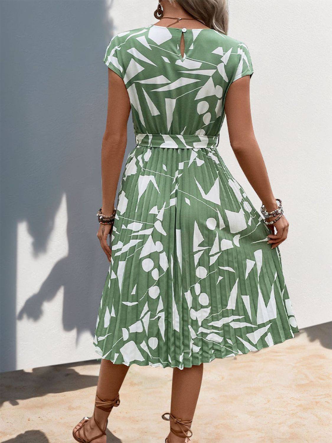 Tied Pleated Printed Cap Sleeve Dress - Siennasass