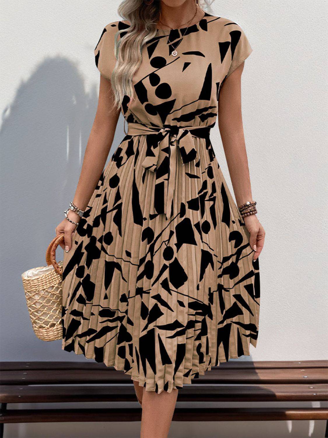 Tied Pleated Printed Cap Sleeve Dress - Siennasass