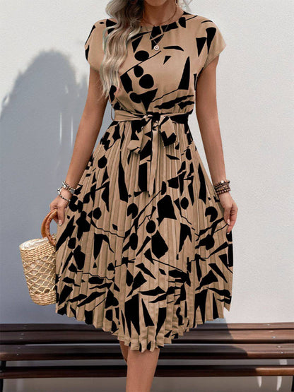 Tied Pleated Printed Cap Sleeve Dress - Siennasass